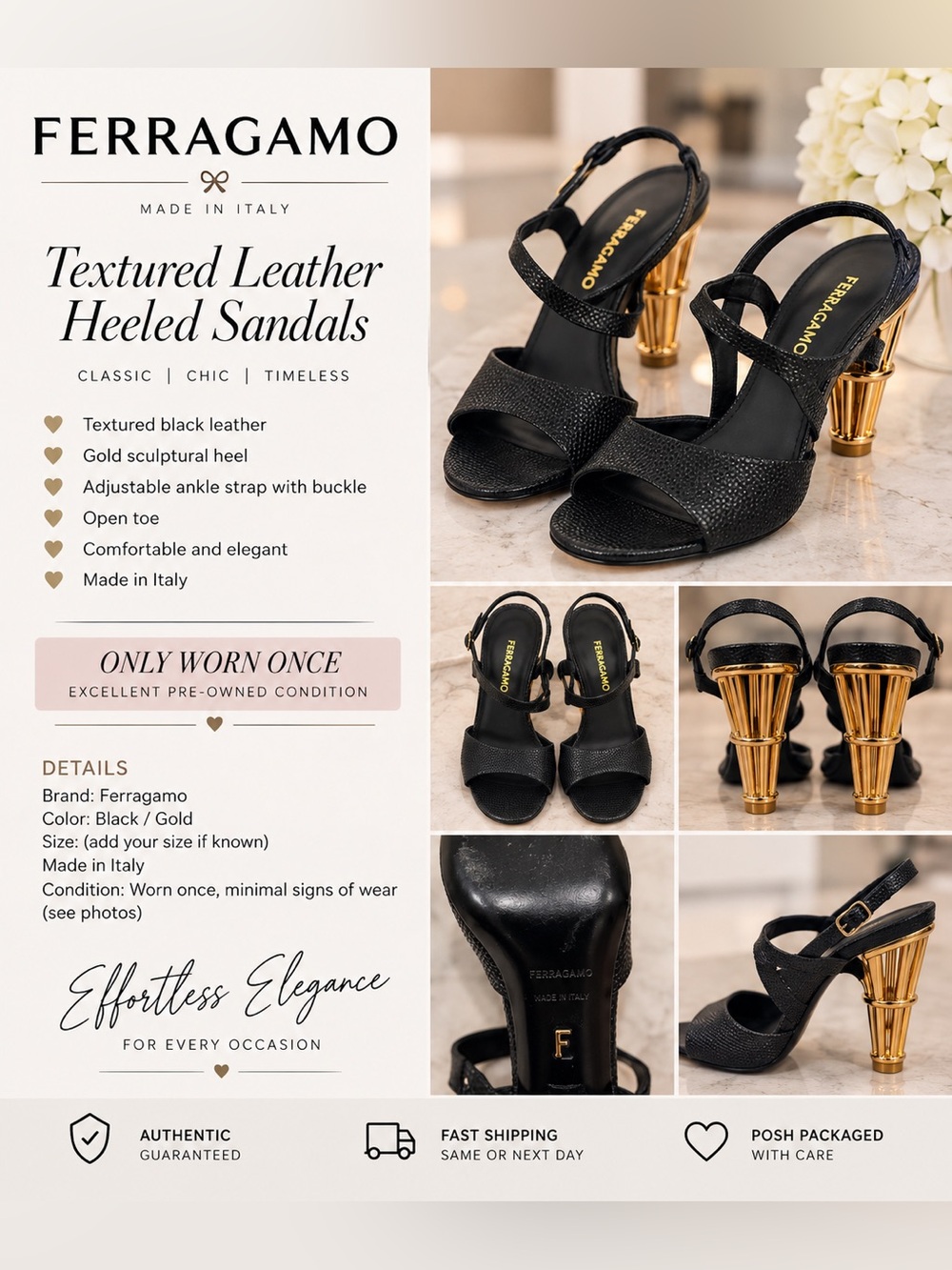 Salvatore Ferragamo Black Textured Leather Sandals with Gold Sculptural Heels